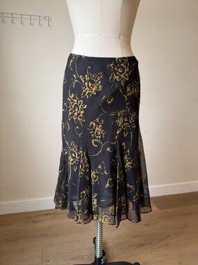 Vintage Ralph Lauren Midi Skirt | Black Gold Floral Print | Boho Western Style